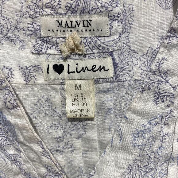 Malvin Women's White Blue Floral Print I Love Linen Button Up Blouse Size 8 - Picture 4 of 12